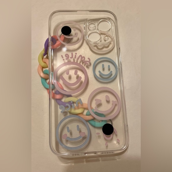 iPhone 13 Clear Colorful Happy Face Designed Handheld Chain Strapped Phone Case - Picture 3 of 5